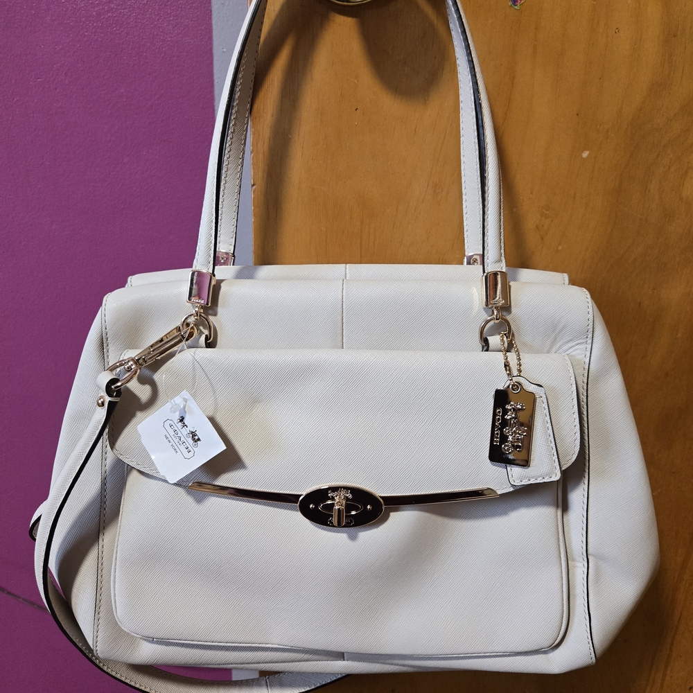 Coach White Leather Top-Handle Tote with Gold Hardware